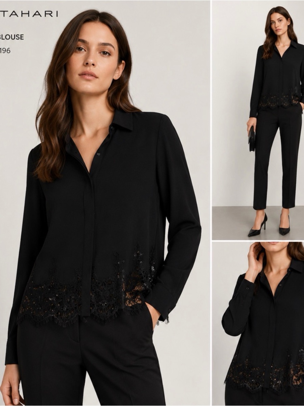 Tahari Black Lace-Trim Button Front Blouse, NWT, Size Small